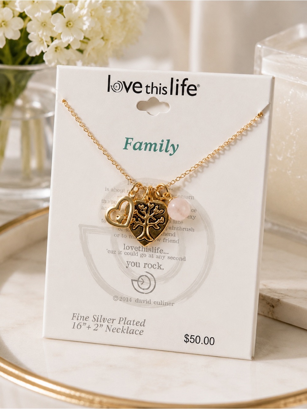 Love This Life Family Tree Heart Charm Gold Tone Necklace Pink Stone 16” NWT